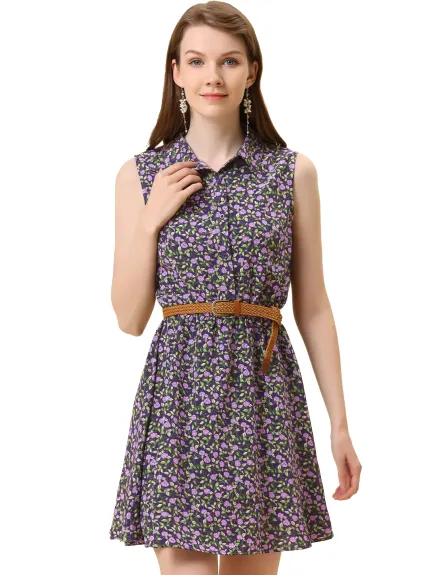 Allegra K- Printed Half Placket Sleeveless Belted Dress