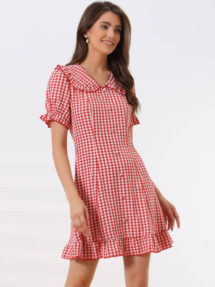 Allegra K- Checks Ruffled Peter Pan Collar Mini Dress