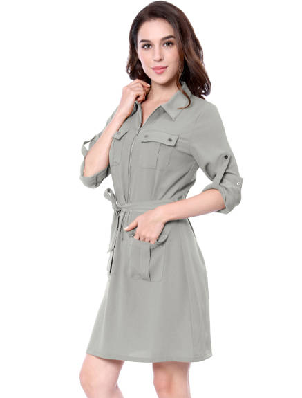 Allegra K- Roll-Up Sleeve Multi-Pocket Belted Shirt Dress