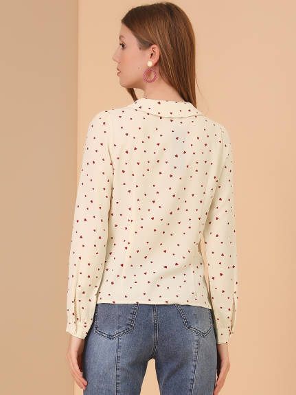 Allegra K- Bow Tie Collar Blouse Heart Print Shirt