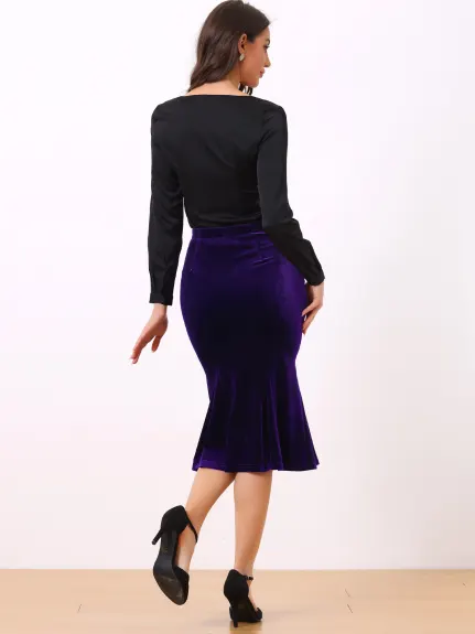 Allegra K- Elastic Waist Velvet Fishtail Bodycon Skirt