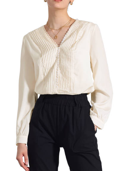 Allegra K - V Neck Pleated Front ong Sleeve Blouse