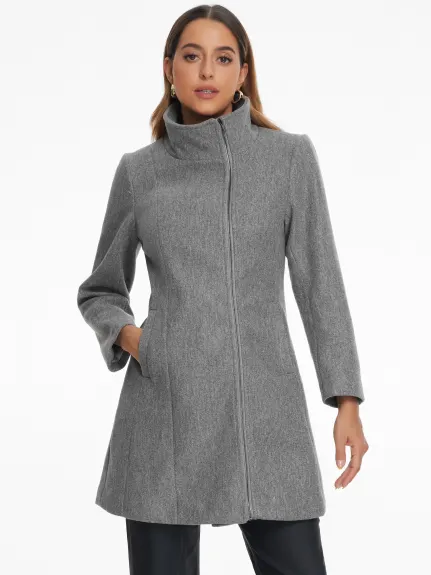 Allegra K - Stand Collar Asymmetrical Zip Up Pea Coat