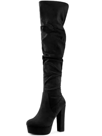 Allegra K - Platform Round Toe Slouch Thigh High Boots