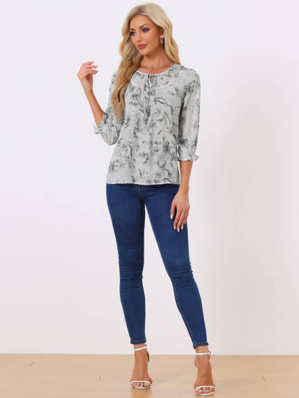 Allegra K- Tie V Neck Ruffled 3/4 Sleeve Floral Blouse