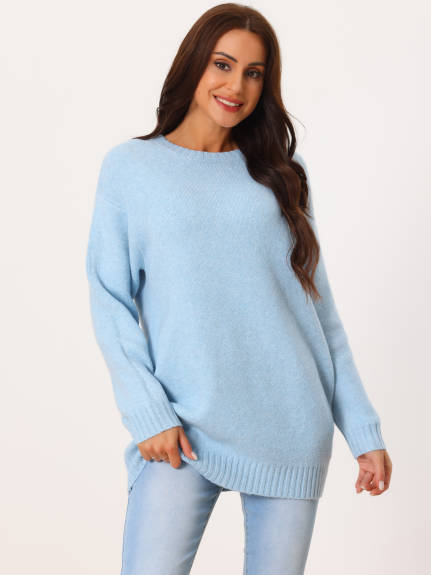 Allegra K- Round Neck Pullover Sweater with Pockets