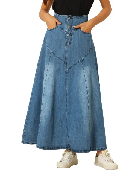 Allegra K- High Waisted A-Line Flared Maxi Denim Skirt