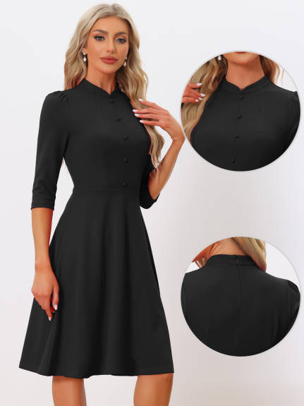 Allegra K- 3/4 Sleeves Stand Collar A-Line Dress