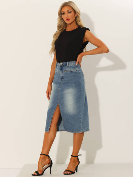 Allegra K- High Waist Slit Front Midi Denim Skirt