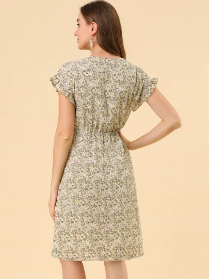 Allegra K- Floral Ruffle Sleeve Belted Midi Dress