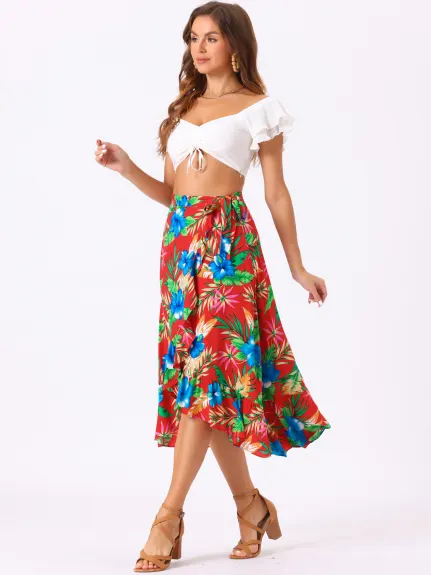 Allegra K- Self Tie Split Ruffle Wrap Midi Skirt