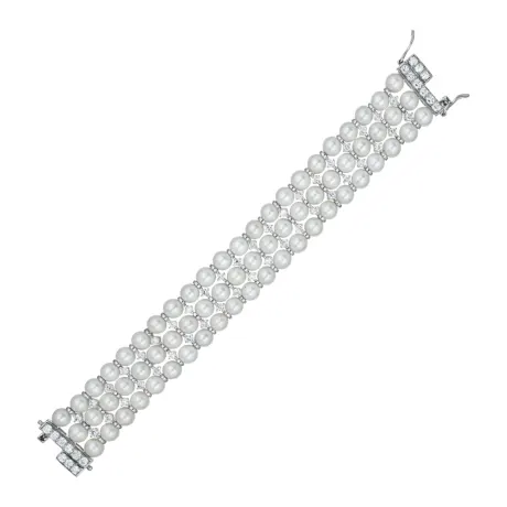 Bracelet Genevive en argent sterling plaqué or blanc avec 3 rangées de perles et oxyde de zirconium