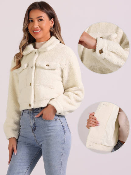 Allegra K - Faux Fur Button Down Short Jacket