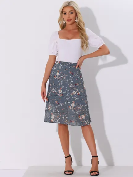 Allegra K- Floral Ruffle A-Line Split Midi Skirt