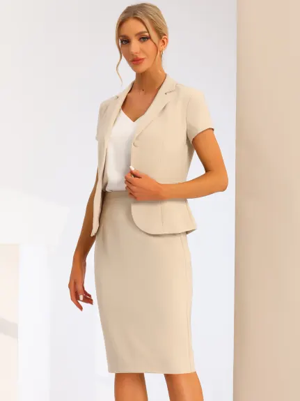 Allegra K- 2 Piece Suit Set Short Sleeve Blazer Jacket Pencil Skirt