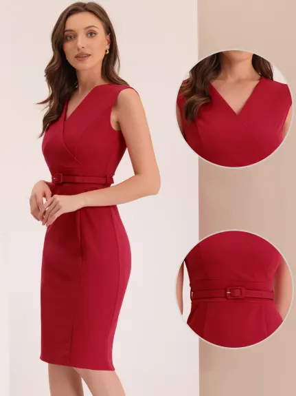 Allegra K- Sheath Sleeveless V Neck Belt Pencil Dress