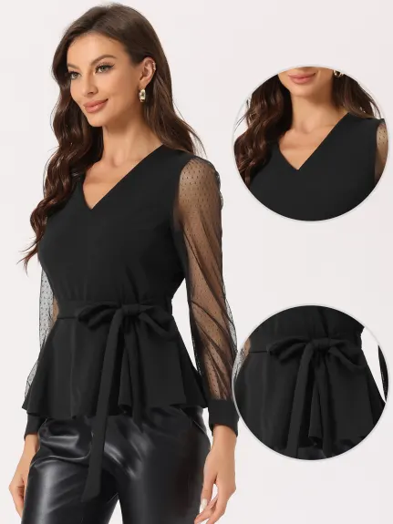 Allegra K - Mesh Long Sleeve Peplum Top with Belt