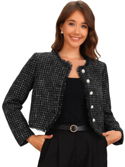 Allegra K - Crew Neck Cropped Plaid Tweed Blazer