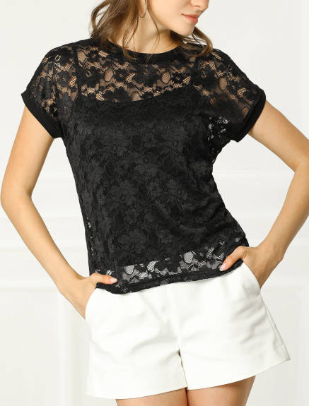 Allegra K- Lace Floral Embroidery See-Through Top