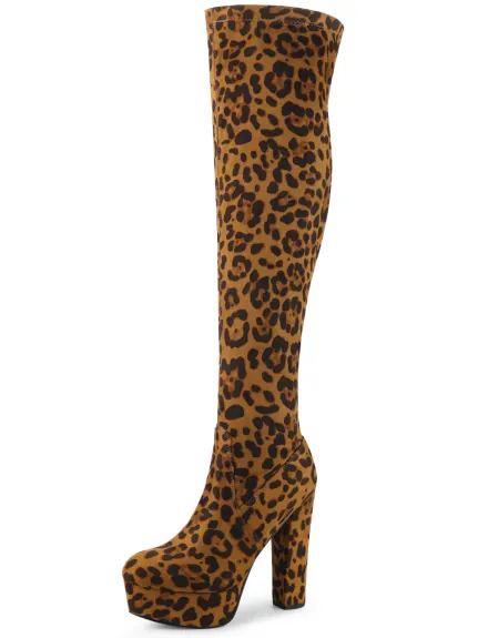 Allegra K- Block High Heel Platform Solid Thigh High Boots