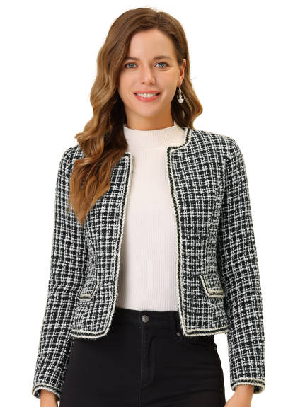 Allegra K- Plaid Tweed Open Front Short Blazer