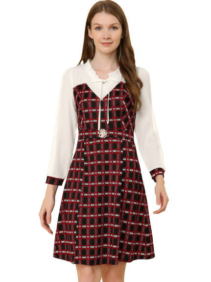 Allegra K- Chiffon Panel Ruffle Tie Collar Plaid Dress