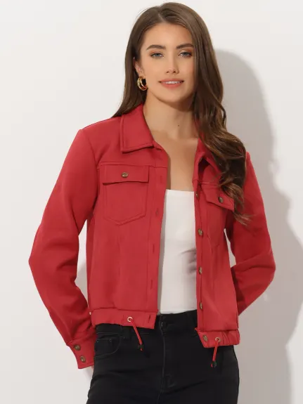 Allegra K- Faux Suede Button Down Cropped Moto Jacket