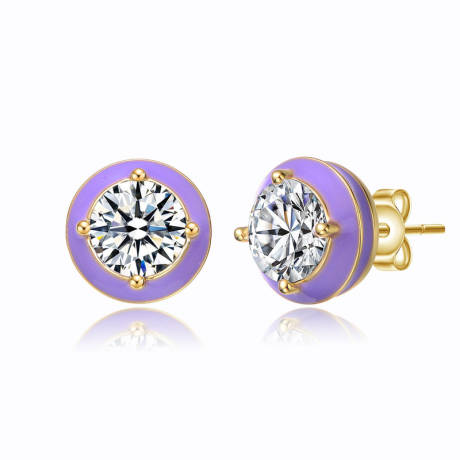 Rachel Glauber 14k Yellow Gold Plated with Clear Cubic Zirconia Amethyst Enamel Round Stud Earrings