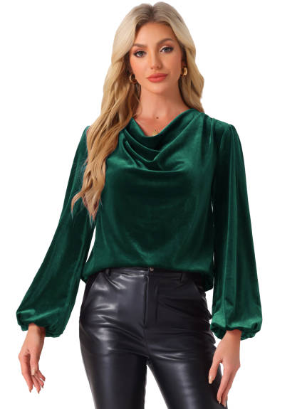 Allegra K - Cowl Neck Lantern Long Sleeve Velvet Blouse