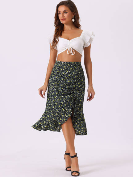 Allegra K- Drawstring Asymmetrical Ruffled Midi Skirt