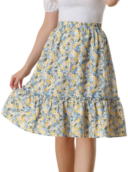 Allegra K- Ruffle Hem Tiered A-Line Floral Midi Skirt