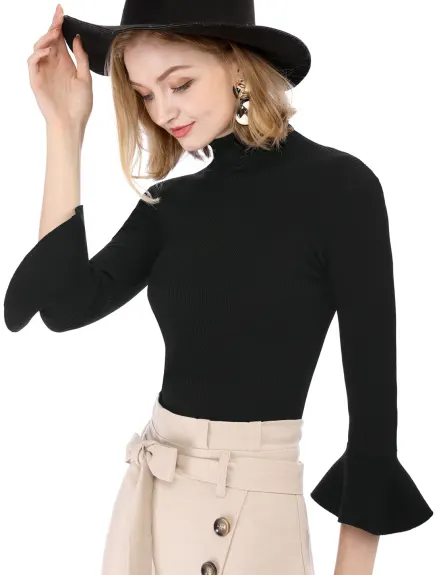 Allegra K- Turtle Neck 3/4 Ruffle Sleeves Pullover Slim Rib Knit Sweater