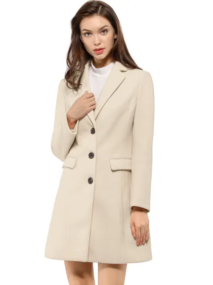 Allegra K- Notched Lapel Single Breasted Long Coat