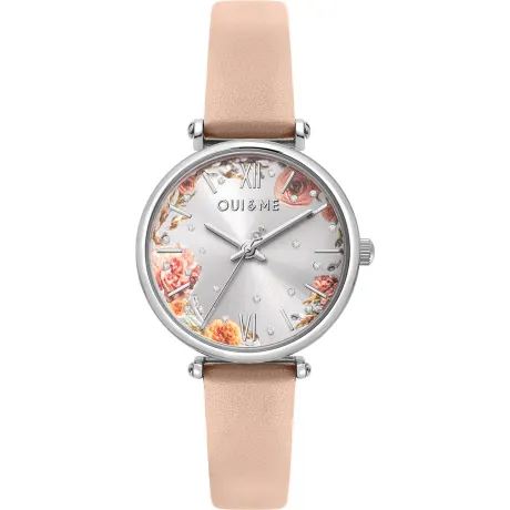 OUI & ME-Etoile Montre à 3 aiguilles 33 mm avec cadran fleuri argenté, boîtier en acier inoxydable et bracelet en cuir recyclé couleur chair