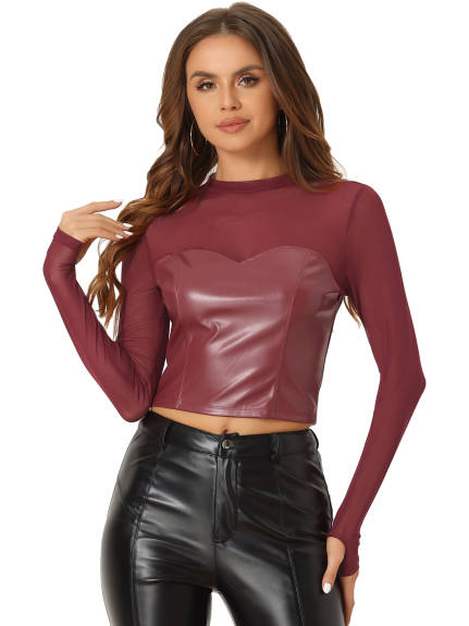 Allegra K- Mock Neck Faux Leather Mesh Sheer Long Sleeve Top