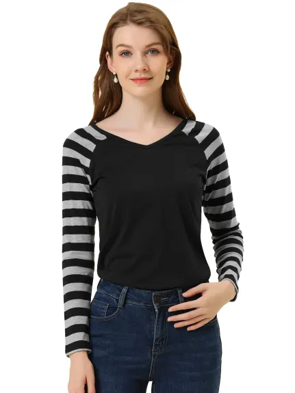 Allegra K- Stripe Raglan Long Sleeve V Neck T-Shirt