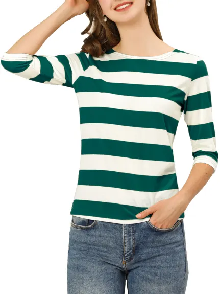 Allegra K- Boat Neck Elbow Sleeve Slim Fit Stripe T-Shirt