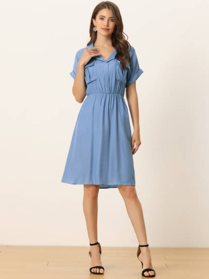 Allegra K- Notched Lapel V-Neck A-Line Shirt Dress