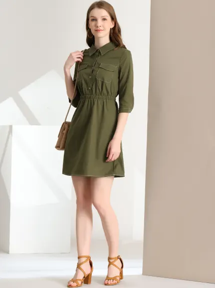 Allegra K- robe chemise Safari utilitaire col élastique manches 3/4