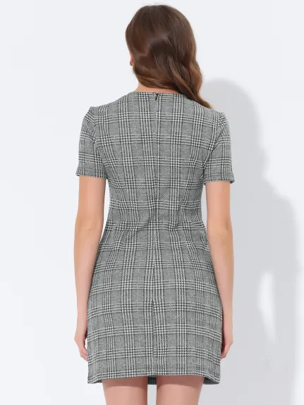 Allegra K- Short Sleeve Vintage Houndstooth Pencil Sheath Dress