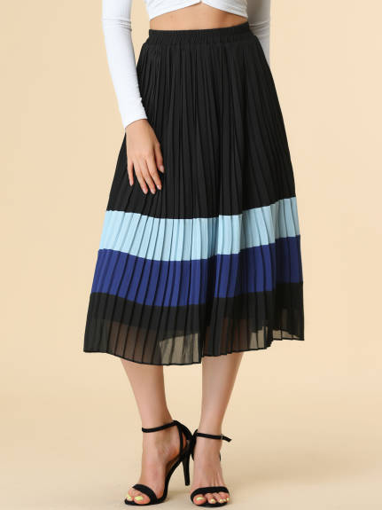 Allegra K- A-Line Color Block Pleated Chiffon Midi Skirt