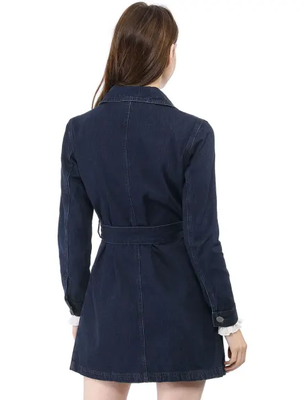 Allegra K- Notched Lapel Button Belted Long Denim Jacket