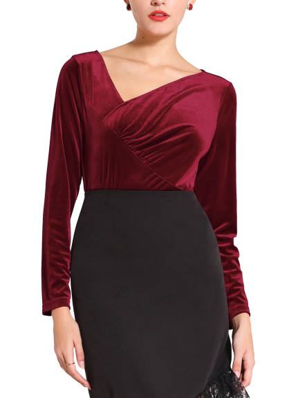 Hobemty - Asymmetrical Neck Long Sleeve Velvet Blouse