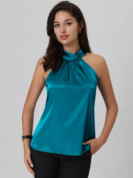 Hobemty -Halter Neck Satin Blouse Tank Top