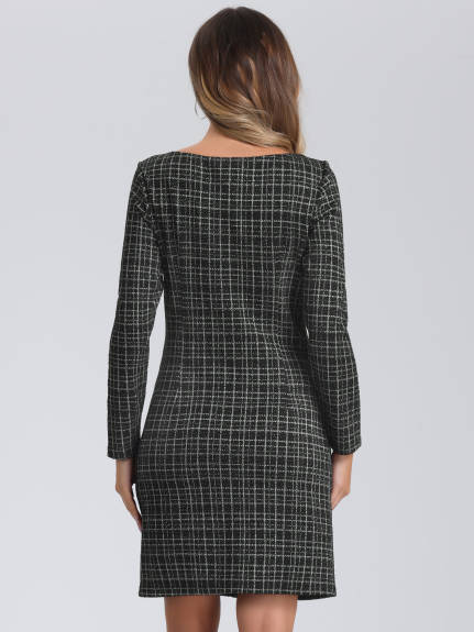 Allegra K - Tweed Plaid Long Sleeve Sheath Dress