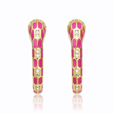 Rachel Glauber 14k Yellow Gold Plated with Cubic Zirconia Pink Enamel Python Snake C-Hoop Earrings