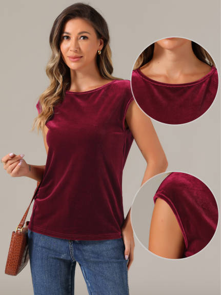 Allegra K - Velvet Crew Neck Cap Sleeve Top