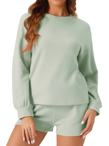 Cheibear - Waffle Knit Long Sleeve Lounge Set