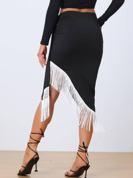 Allegra K- Fringe Trim Asymmetrical Ruched Tie Waist Midi Skirt