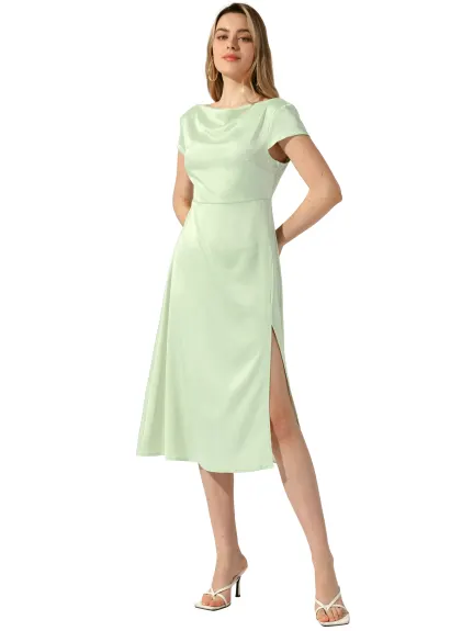 Allegra K - Satin Cowl Neck Cap Sleeve Midi Dress